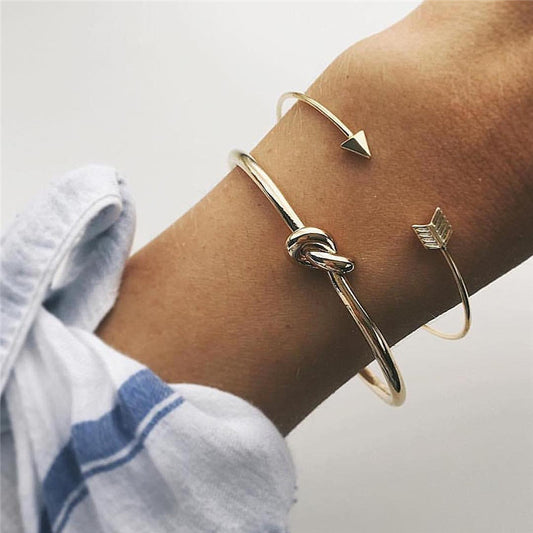 2PCS/SET Vintage Cuff Bracelet Bangles for Women Brief Gold Color Open Arrow Knotted Charms Bracelet Jewelry valentines Gift