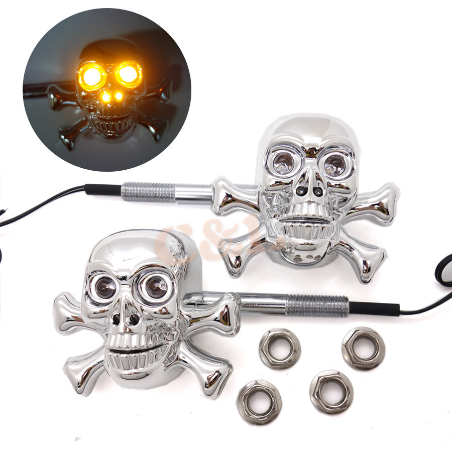 2X Motorcycle Chrome ABS Skull LED Turn Signal Lights For Harley CUSTOM CAFE Crusier Chopper