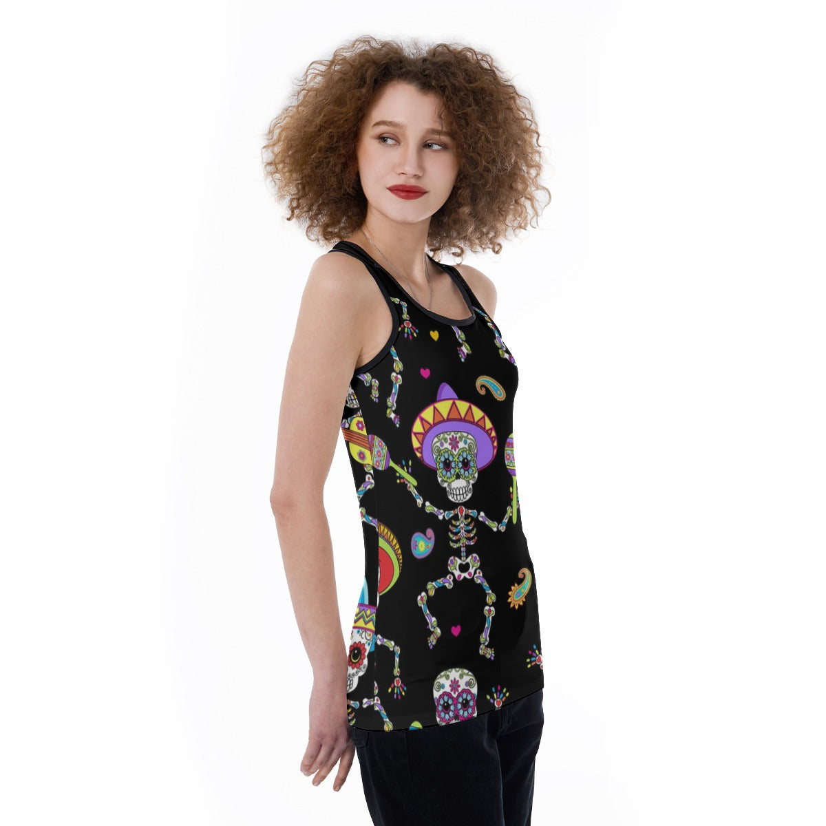 Dia de los muertos skull Women's Back Hollow Tank Top, sugar skull skeleton tank top for women