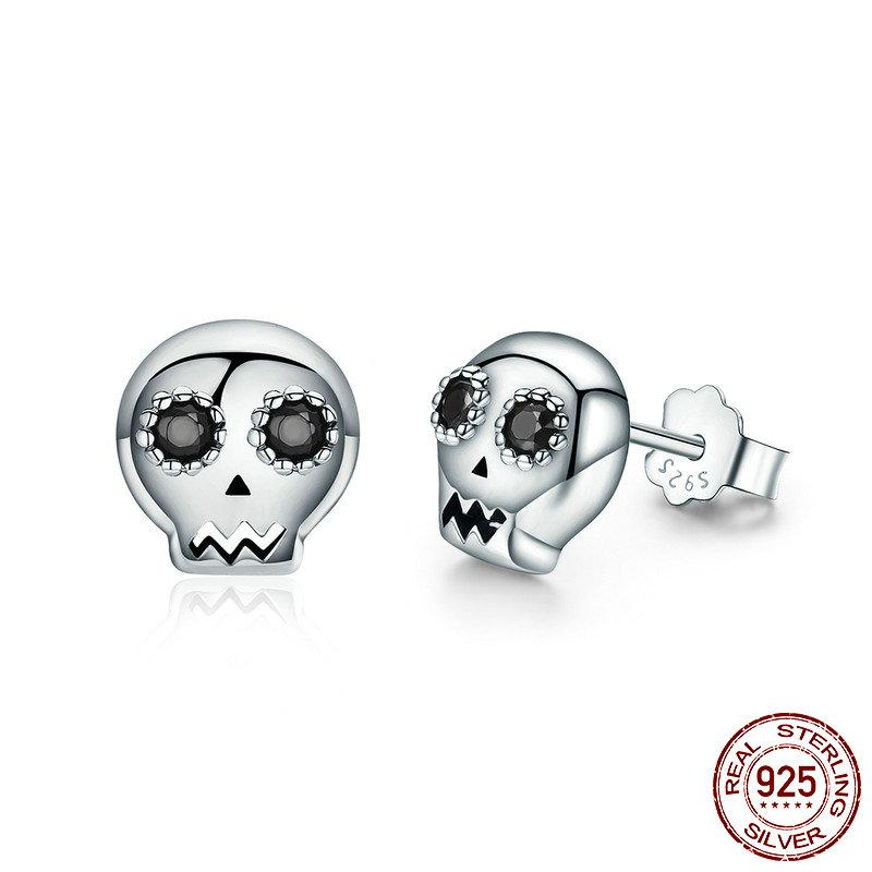 Genuine 925 Sterling Silver Skull Skeleton Stud Earrings for Women Black Clear CZ Sterling Silver Jewelry Brincos SCE064