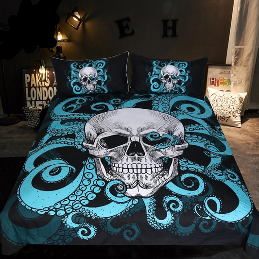 Octopus and Skull Bedding Set Blue 3-Piece
