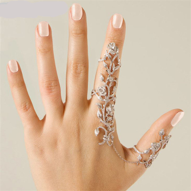 Hot-Selling Occident  Women Chic Alloy+Rhinestone Shiny Crystal Floral Ring Celebrity Party Connect Full 2 Finger Rings