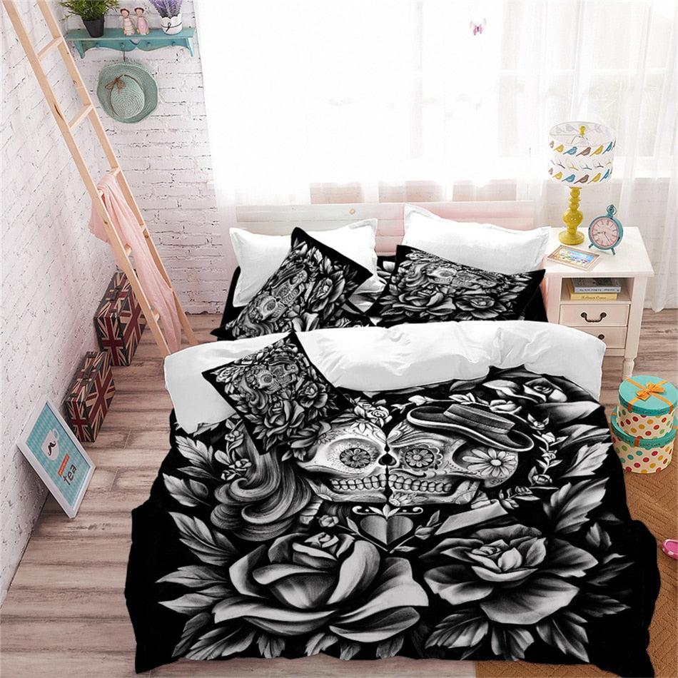 3D Couples Duvet Cover Set Rose Sugar Skull Bedding Set King Queen Quilt Cover