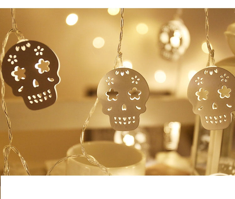 3M Battery Operated Halloween White Hollow Metal Skull LED String Lights