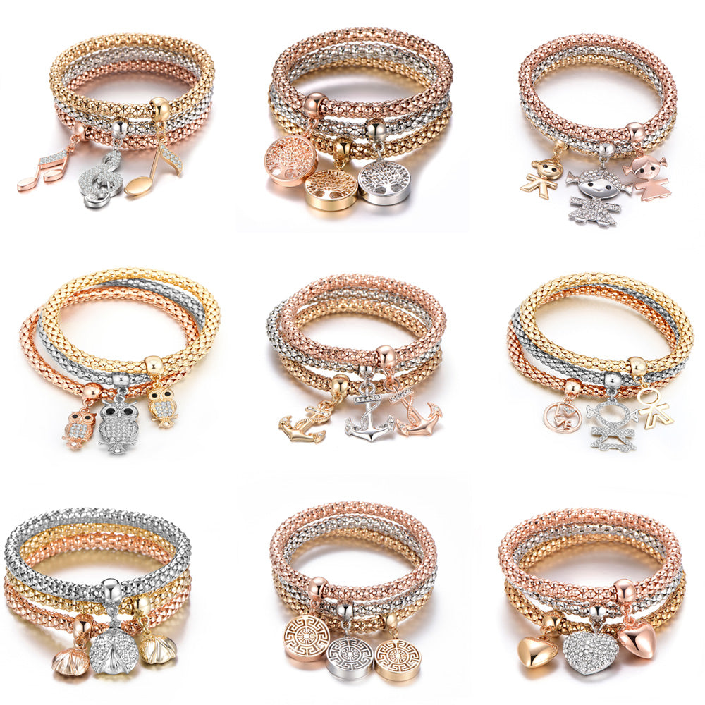 3Pcs Tree of Life Bracelet Popcorn Owl Heart Anchor Musical Note Charm Bracelets For Women Pulseria Feminina Boy & Girl Jewelry