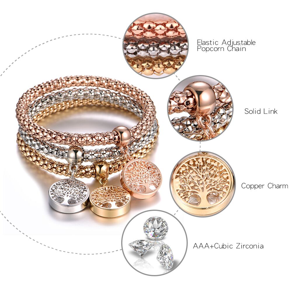 3Pcs Tree of Life Bracelet Popcorn Owl Heart Anchor Musical Note Charm Bracelets For Women Pulseria Feminina Boy & Girl Jewelry
