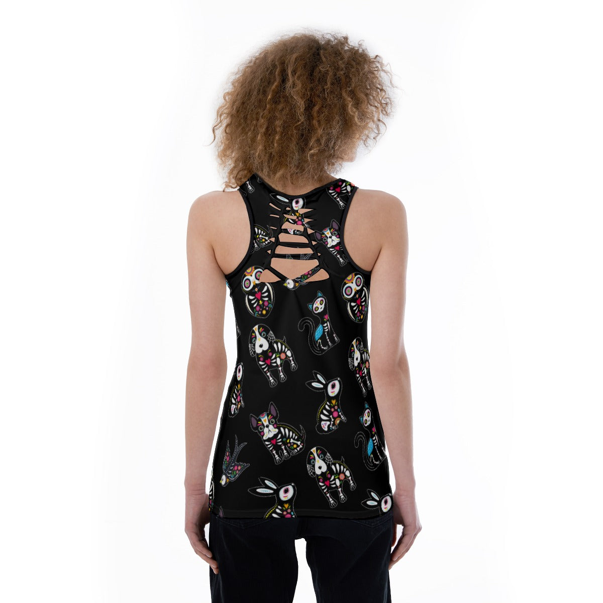 Sugar skull Dia de los muertos animal Women's Back Hollow Tank Top