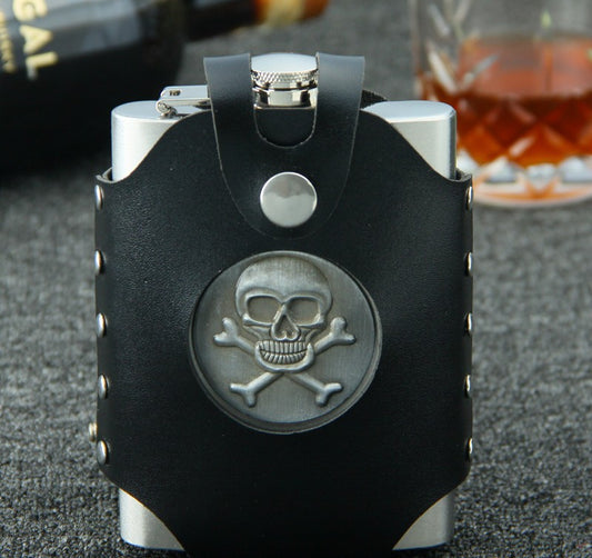 8 oz stainless steel SKULL hip flask with bag