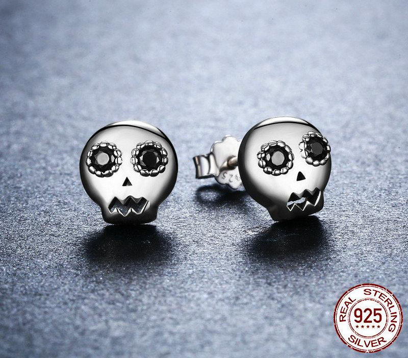 Genuine 925 Sterling Silver Skull Skeleton Stud Earrings for Women Black Clear CZ Sterling Silver Jewelry Brincos SCE064
