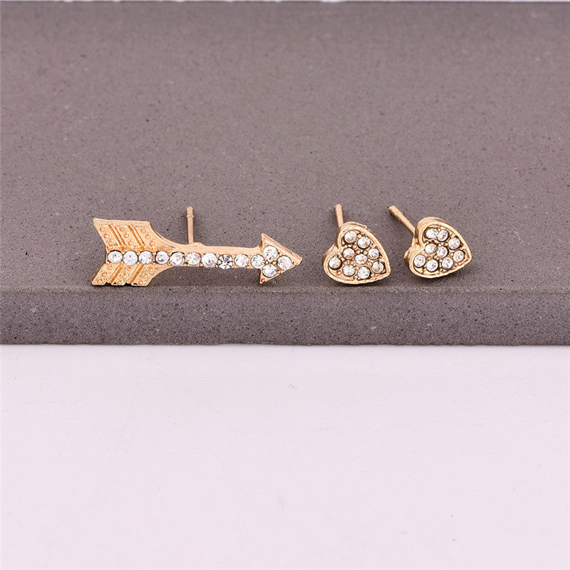 3pcs/set Gold Color Crystal Small Stud Earrings for Women Romantic Arrow Heart Earrings Cute Jewelry Christmas Gift brinco