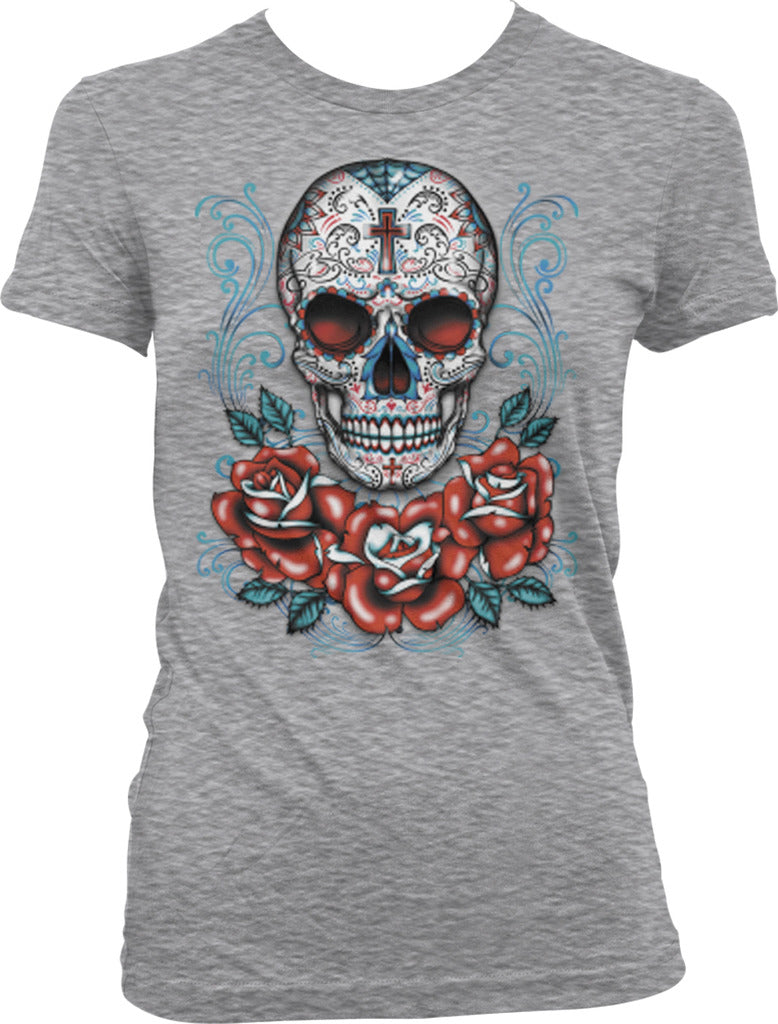 Sugar Skull and Roses - Day of the Dead Skull Art Juniors T-shirt