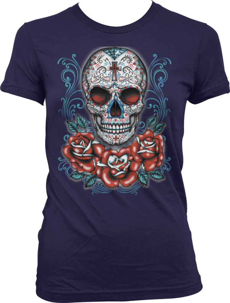 Sugar Skull and Roses - Day of the Dead Skull Art Juniors T-shirt