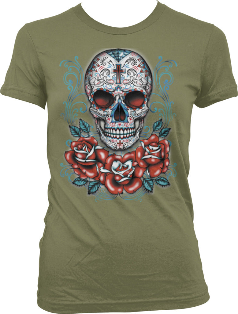 Sugar Skull and Roses - Day of the Dead Skull Art Juniors T-shirt