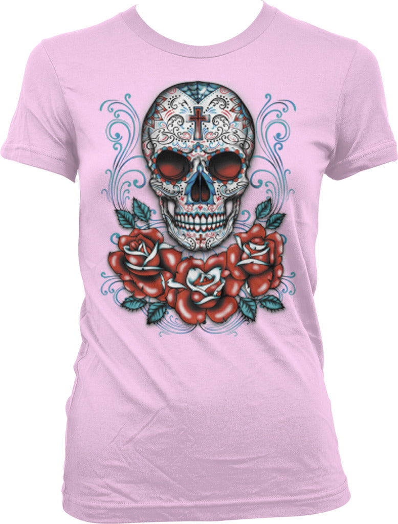 Sugar Skull and Roses - Day of the Dead Skull Art Juniors T-shirt