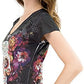 Sweet Gisele Sugar Skull V-Neck T Shirt Day of The Dead Rhinestones Bling for Women Black