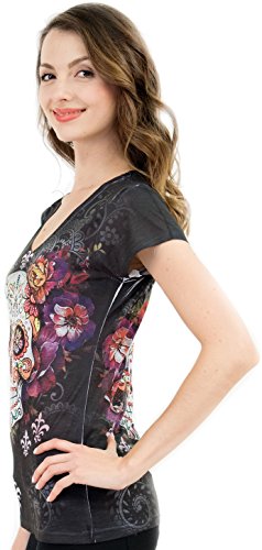 Sweet Gisele Sugar Skull V-Neck T Shirt Day of The Dead Rhinestones Bling for Women Black