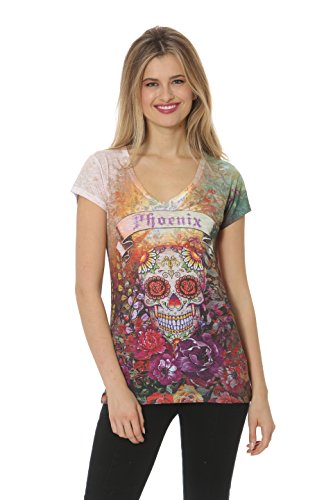 Sweet Gisele Womens Phoenix Souvenir Sugar Skull Day Of The Dead Graphic Printed T Shirt Top