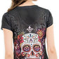 Sweet Gisele Sugar Skull V-Neck T Shirt Day of The Dead Rhinestones Bling for Women Black