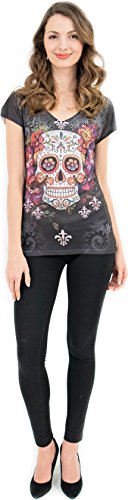 Sweet Gisele Sugar Skull V-Neck T Shirt Day of The Dead Rhinestones Bling for Women Black