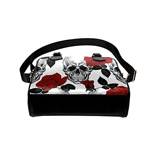 Skull and Red Roses PU Leather Shoulder Handbag Bag for Women Girls with Extender Strap