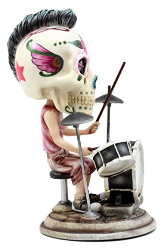 Ebros Gift Day Of The Dead Tattoo Skeleton Rock Drummer Bobblehead Figurine 6.5"L Halloween Statue Decor