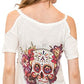 Sweet Gisele Woman Sugar Skull Open Shoulder Tee | Beautiful Print Decorated with Sparkling Bling Rhinestones