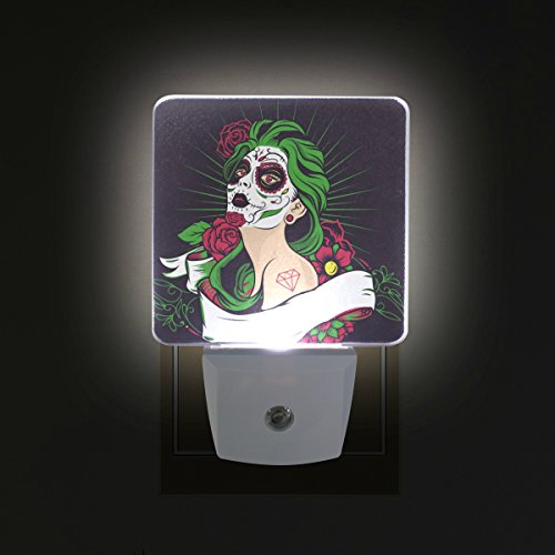 2 PC Plug-in LED Night Lights with Sugar Skull Girl with Flower Nightlights with Dusk to Dawn Sensor White Light Perfect for Bathroom Kitchen and Hallway Set 2