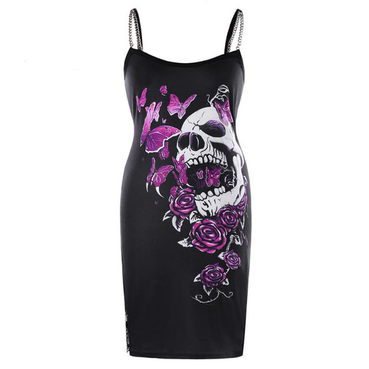 Floral Skull Slip Dress Women Casual Spaghetti Strap Sleeveless Dresses