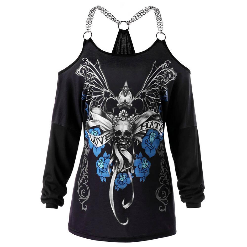 Women T-Shirt Plus Size Chains Embellished Skull T-Shirt Punk Casual Off Shoulder Ladies Tops Gothic Tshirt Big Size 5XL