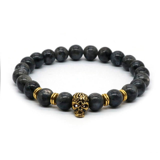 Antique Gold Color Skeleton Skull Bracelet Men With Black Lava Stone Bead Bracelets Pulseira Masculina HS-1