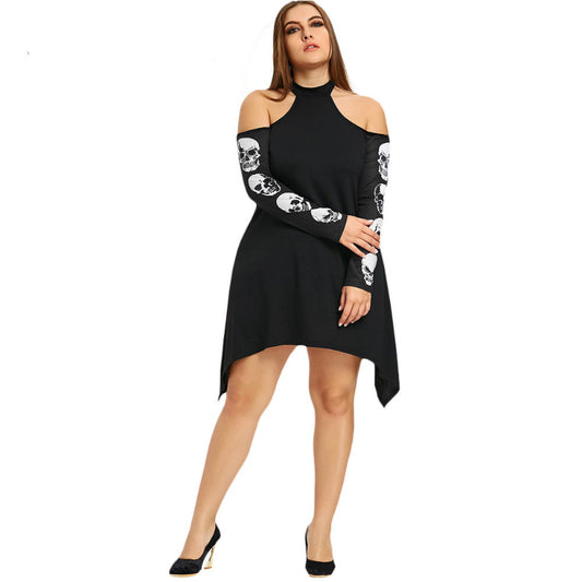 Femme Plus Size 4XL 5XL Cold Shoulder Skulls Dress Women Casual Mock Neck Long Sleeve Autumn Black Dresses