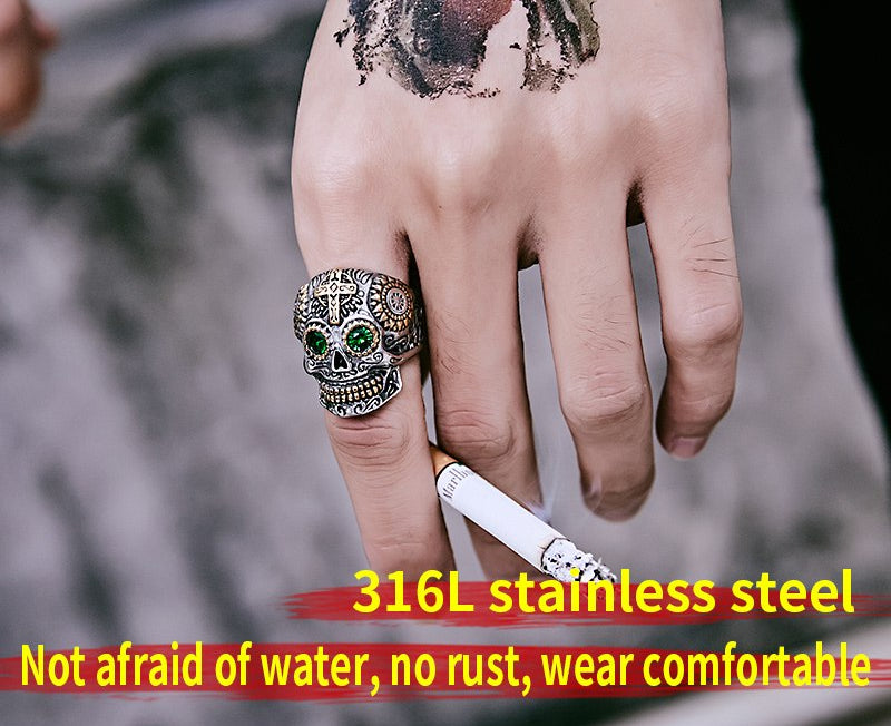 316L Stainless Steel gem ring Cross skull biker men Ring hot sale Man's fashion jewelry LLBR8-327R