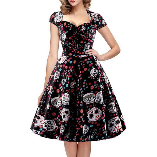 Skull Print Dress Women Vintage Square Collar Wrapped Chest