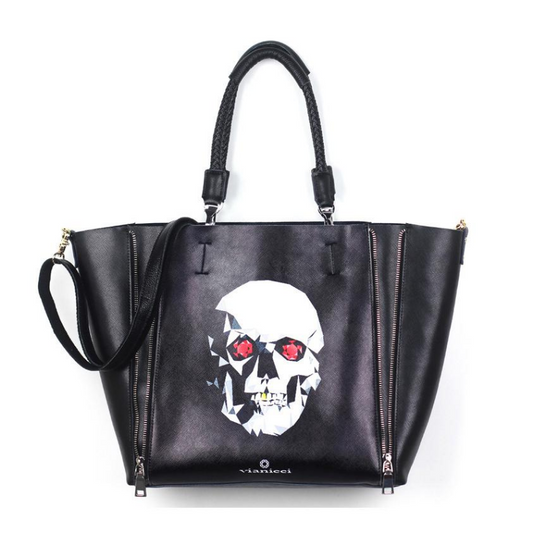 GINIANI Real Leather Female Dual Zippers Big Shopping Tote Bags Fashion Black Rock Style Skull Painting Large Handbags