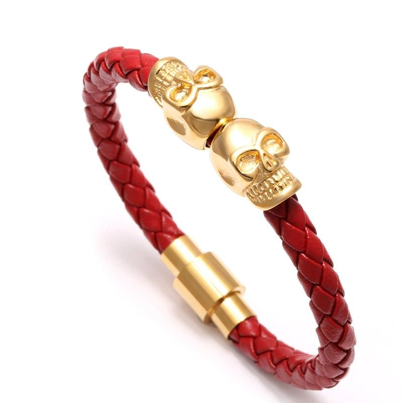 19/20cm Men Leather Jewelry Black Genuine Leather Gold Stainless Titanium Steel Double Skull Bracelet Bangles