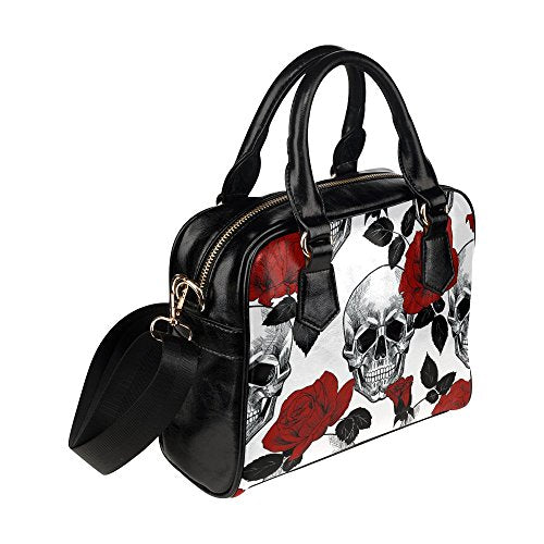 Skull and Red Roses PU Leather Shoulder Handbag Bag for Women Girls with Extender Strap