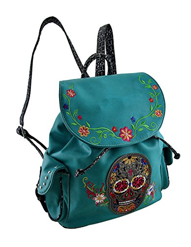 Vinyl Womens Backpack Purses Embroidered Sugar Skull And Floral Trim Concealed Carry Backpack
