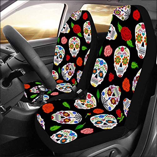 Mexican Dia Los Muertos Sugar Skulls Roses Front Car Seat Covers Set of 2