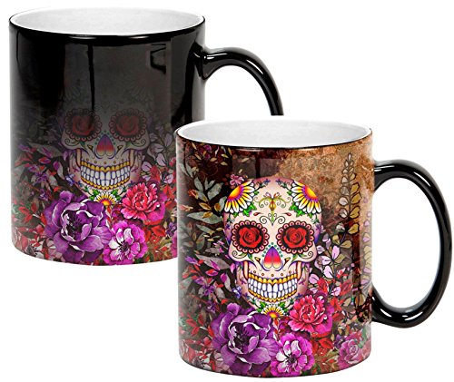 Sweet Gisele | Sugar Skull Ceramic Mug | Heat Activated | Color Changing Coffee Cup | Floral Pattern | Reveals Vivid Colors | Great Novelty Gift | Black | 11 Fl. Oz