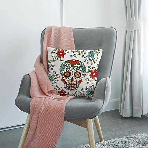 Day of The Dead Decorative Throw Pillow Cover Case,Colorful Skull with Floral Cotton Linen Outdoor Pillow cases Square Standard Cushion Covers For Sofa Couch Bed 18x18 inch Red Green