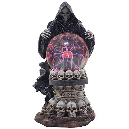 Evil Grim Reaper with Crystal Ball of Lightning Bolts on Pedestal of Skulls Statue and Decorative Table Lamp for Halloween Lighting Decorations & Scary Gothic Décor Lights As Spooky Fantasy Gifts