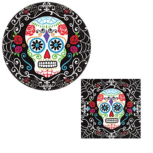 Dia De Los Muertos Day Of The Dead MEGA Halloween Party Pack for 18 with Decorations Includes Plates, Napkins, Cups, a Tablecover, Coasters, 30 Piece Swirl Decorations and an EXCLUSIVE Pin!