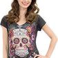 Sweet Gisele Sugar Skull V-Neck T Shirt Day of The Dead Rhinestones Bling for Women Black