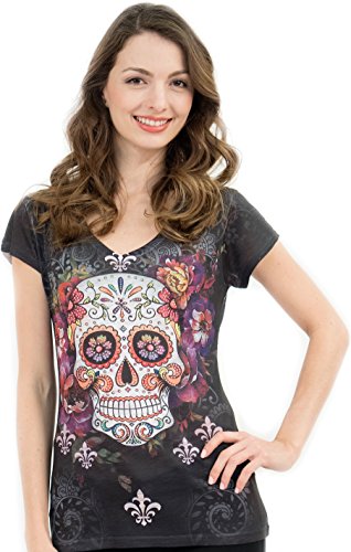 Sweet Gisele Sugar Skull V-Neck T Shirt Day of The Dead Rhinestones Bling for Women Black