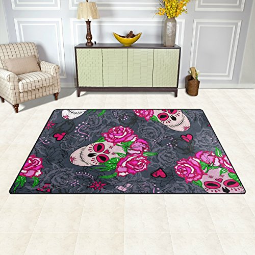 Heart Sugar Skull Pink Roses Kids Area Rug 31x20 Inch, Non-Slip Floor Mat Soft Resting Area Doormats for Living Dining Bedroom