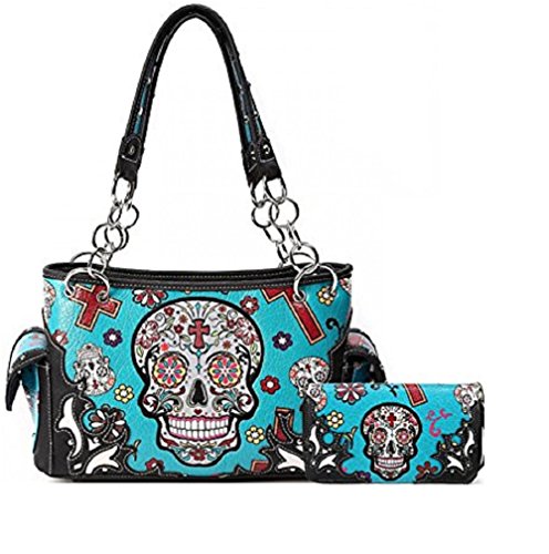 Sugar Skull Art Purse Handbag Shoulder Bag Wallet Set Turq