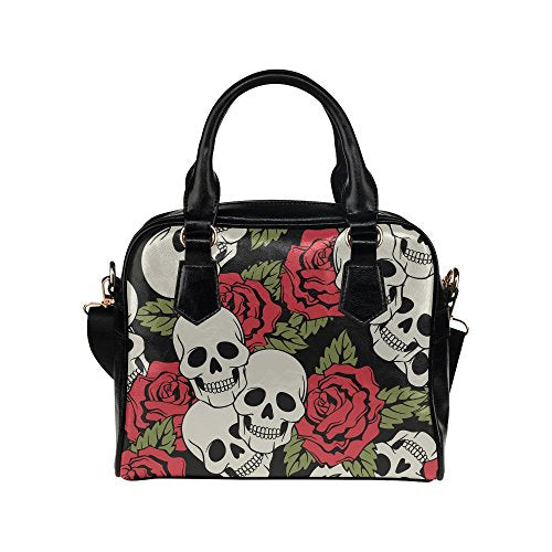 Skull Head Roses Floral PU Leather Shoulder Handbag Bag for Women Girls with Extender Strap