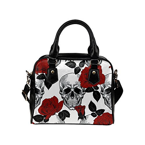 Skull and Red Roses PU Leather Shoulder Handbag Bag for Women Girls with Extender Strap