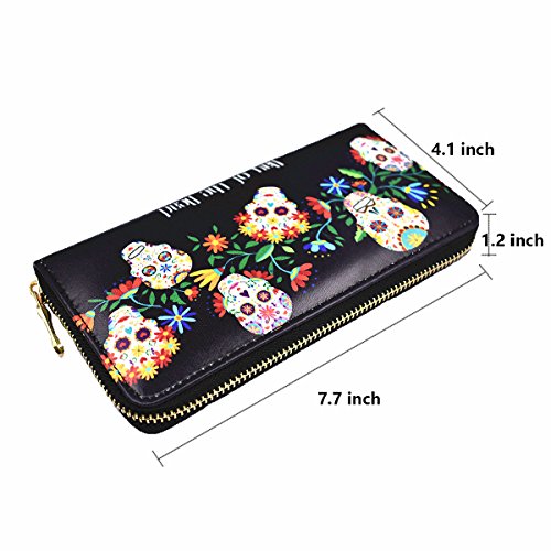 Sugar Skull Wallet for Women Clutch Zipper Credit Card Holder Case Gift Purse