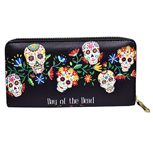 Sugar Skull Wallet for Women Clutch Zipper Credit Card Holder Case Gift Purse